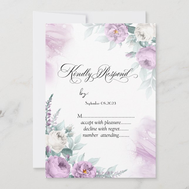 Convites Aquarela Rosas Violeta Bolinhas RSVP (Frente)
