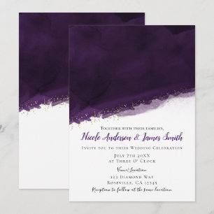 Convites Aquarela Roxo Ameixa e Dourado Moderno Casamento C