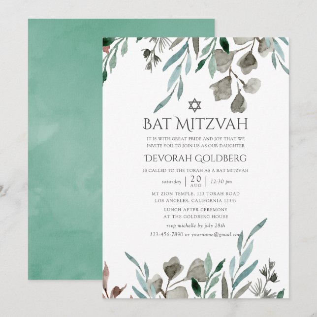 Convites Aquarela Rustic Verde Inverno Bat Mitzvah (Frente/Verso)