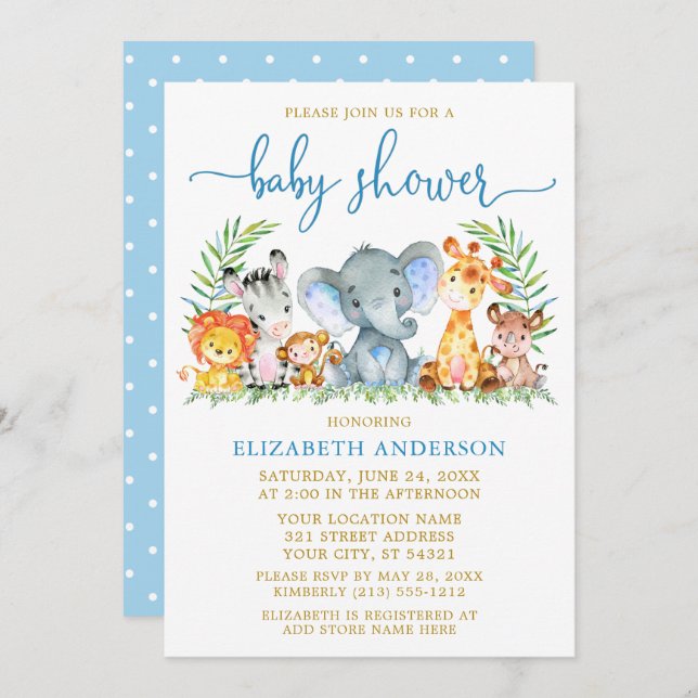 Convites Aquarela Safari Animais Chá Azul Script Dourado (Frente/Verso)