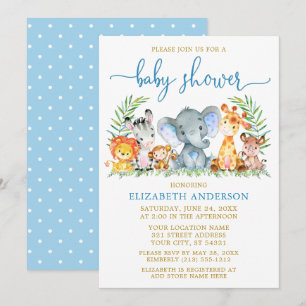 Convites Aquarela Safari Animais Chá Azul Script Dourado
