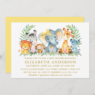 Convites Aquarela Safari Animais Chá de fraldas Arco Amarel