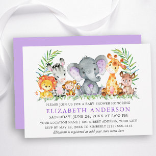 Convites Aquarela Safari Animais Chá de fraldas Violeta