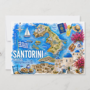 Convites Aquarela Santorini Grécia Oia Mapa de Referência