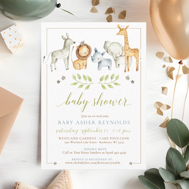 Convites Aquarela Selva Safari Animais Bebê Chá (Cute simple watercolor wild jungle safari zoo animals welcome baby boy shower invitation QR code)