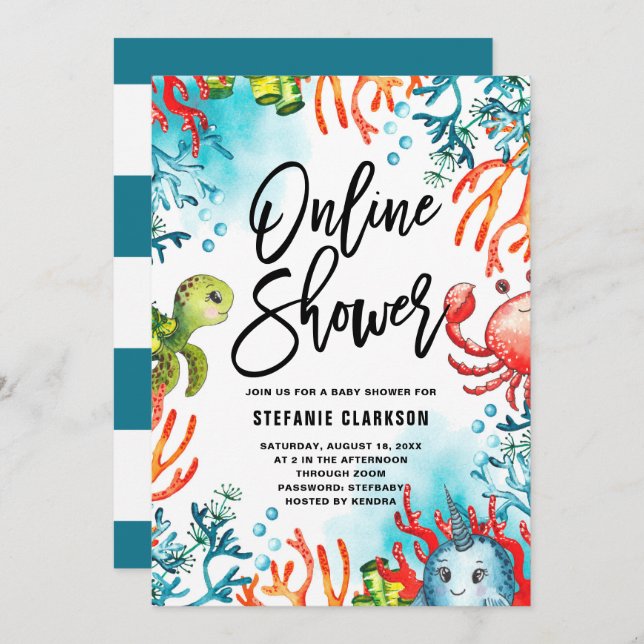 Convites Aquarela sob o Chá de fraldas Sea Online (Frente/Verso)