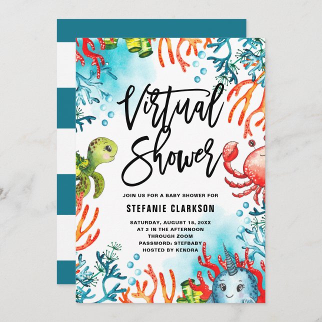 Convites Aquarela sob o Chá de fraldas Virtual do Mar (Frente/Verso)