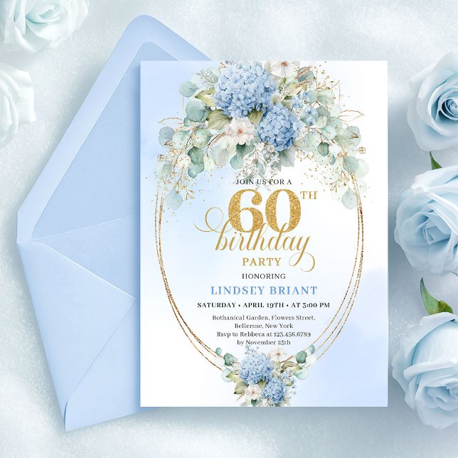 Convites Aquarela Sofisticada Floral Azul Aniversário de 60 (Sophisticated Watercolor Blue Floral 60th Birthday)