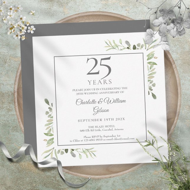 Convites Aquarela Suave de Folhagens - 25º Aniversário (Soft Watercolour Greenery 25th Anniversary Invitation)