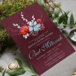 Convites Aquarela Suculente Bat Botânico Floral Mitzvah<br><div class="desc">Este design apresenta um elegante buquê floral suculento de aquarela em azul suave e prata com flores vermelhas vibrantes em um fundo de cinzeiro de burgundy com suas informações de convite do Bat Mitzvah abaixo. Personalize editando o texto nas caixas de texto. Projetado para você pelo Evco Studio www.zazzle.com/store/evcostudio #batmitzvah...</div>