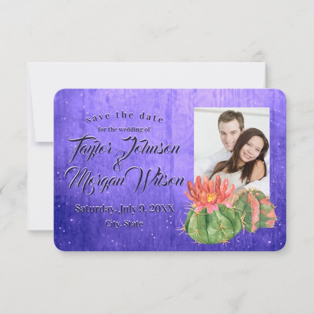 Convites Aquarela Suculta Foto Roxo Salvar Data (Frente)