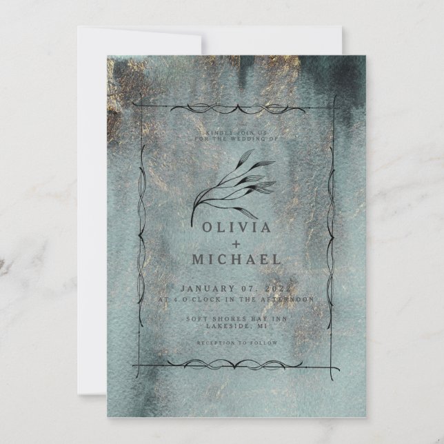 Convites Aquarela Teal Oceânica Moderna c/ Casamento em Our (Frente)