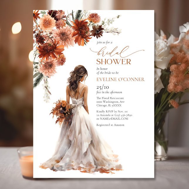 Convites Aquarela terracotta queda flores vestimenta de cas (Watercolor terracotta fall flowers wedding gown invitation)
