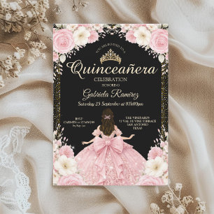 Convites Aquarela Tiara Dourada Preto e Rosa Beije
