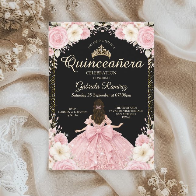 Convites Aquarela Tiara Dourada Preto e Rosa Beije (Criador carregado)