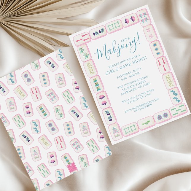 Convites Aquarela Tiles de Mahjong Rosa e Verde Festa (Mahjong Invitation)