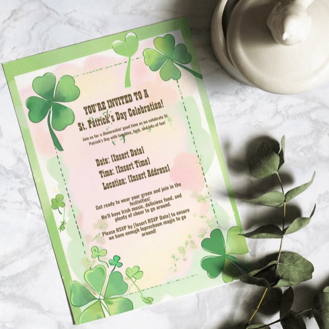 Convites Aquarela Trevo de Quatro Folhas St. Patrick's (Watercolor Four Leaf Clove Shamrock St. Patrick's Invitation
)