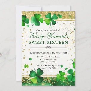 Convites Aquarela Trevo de Três Folhas Verde e Dourado Swee