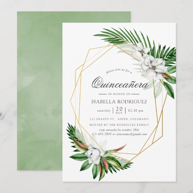 Convites Aquarela Tropical Greenery Geométrico Quinceañera (Frente/Verso)