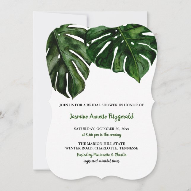 Convites Aquarela Tropical Monstera Verde | Chá de panela (Frente)