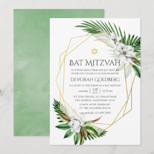 Convites Aquarela Tropical Verdura Geométrica Bat Mitzvah