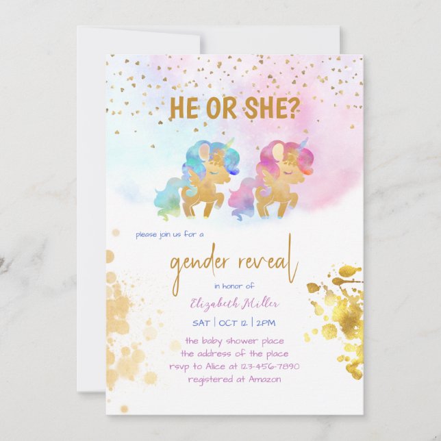 Convites Aquarela Unicorn arco-íris Cores Gênero Revelação (Frente)