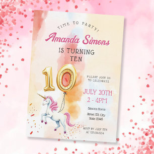 Convites Aquarela Unicórnio Menina Balão Dourado 10º Aniver