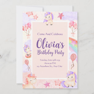 Convites Aquarela Unicorrola Arco-Íris Balões Cor-de-Rosa