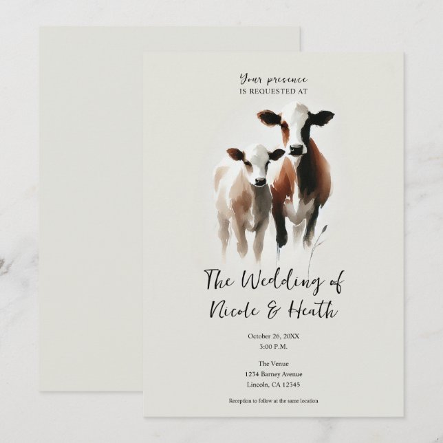 Convites Aquarela Vacas Casamento Rústico Minimal (Frente/Verso)