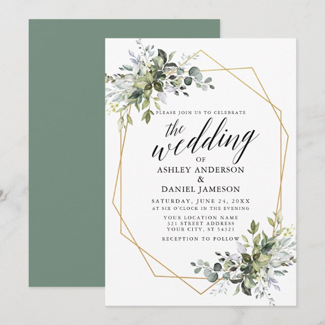 Convites Aquarela Verde Caligrafia Geo Sage Verde (Frente/Verso)