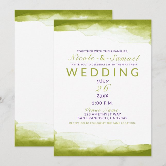 Convites Aquarela Verde Chartreuse Casamento Moderno Chic (Frente/Verso)