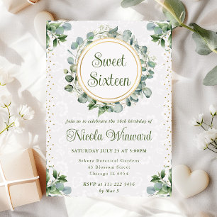 Convites Aquarela Verde de Eucalipto Sweet Sixteen