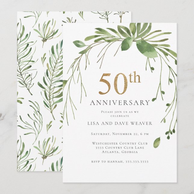 Convites Aquarela Verde Dourado 50º Aniversário (Frente/Verso)