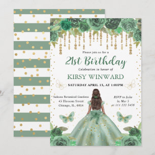 Convites Aquarela Verde & Dourado Aniversário de Princesa