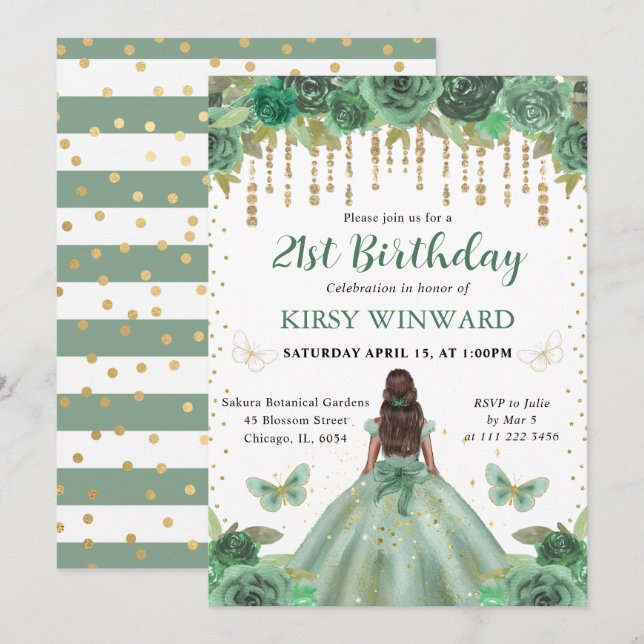 Convites Aquarela Verde & Dourado Aniversário de Princesa (Frente/Verso)