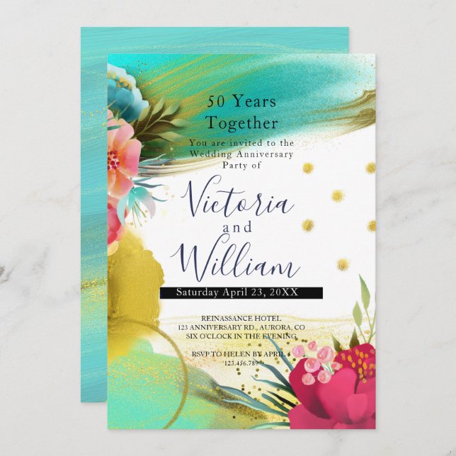 Convites Aquarela Verde Dourado Rosa 50.º Aniversário (Frente/Verso)