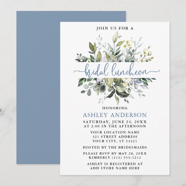 Convites Aquarela Verde Dusty Blue Script Luncheon (Frente/Verso)