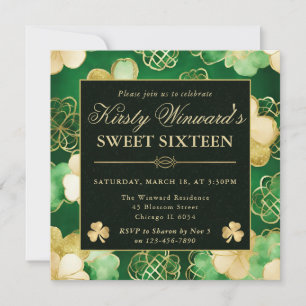 Convites Aquarela Verde e Dourada Shamrock Sweet 16