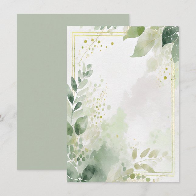 Convites Aquarela verde e dourado em branco Casamento (Frente/Verso)