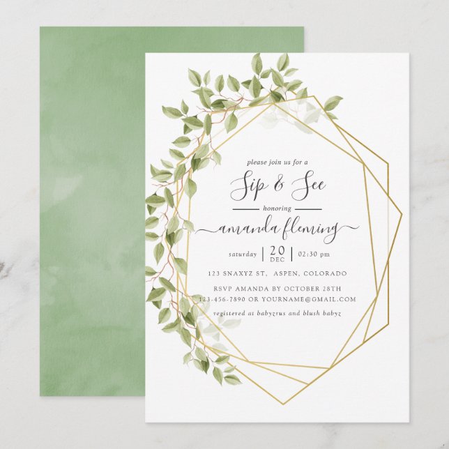 Convites Aquarela Verde Geométrico Bebê Revelação (Frente/Verso)