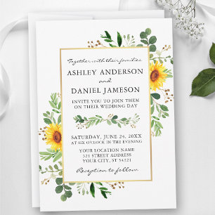 Convites Aquarela Verde Girassóis Casamento Dourado