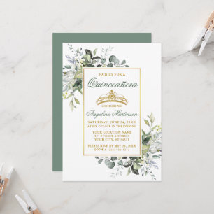 Convites Aquarela Verde Oliva Dourado Quinceanera