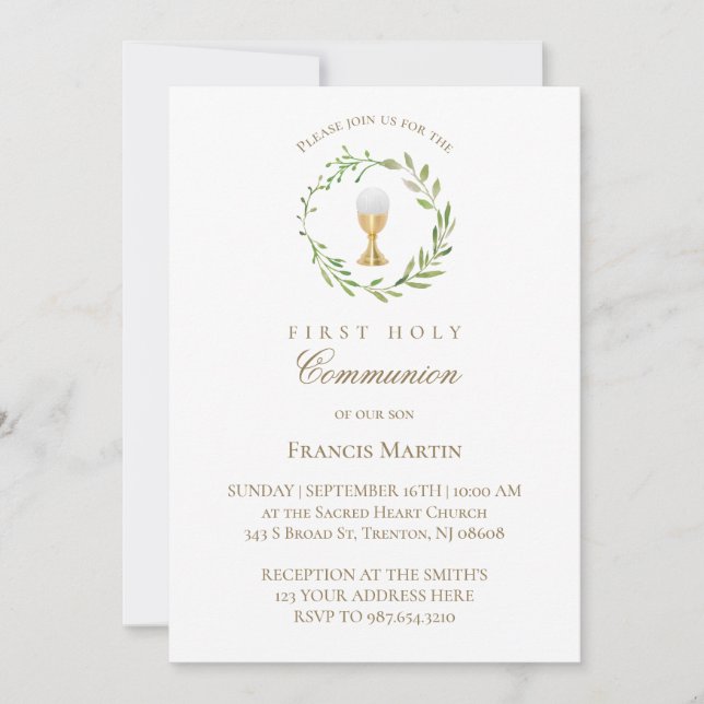 Convites aquarela verde primeira comunhão sagrada (Frente)