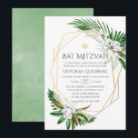 Convites Aquarela Verde Tropical Bat Mitzvah Geométrico<br><div class="desc">Trendy sage,  folhas tropicais verdes e brancas de aquarela e convite de morcego mitzvah branco de magnolias brancas com quadro geométrico dourado.</div>