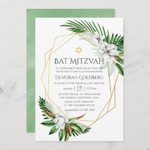 Convites Aquarela Verde Tropical Bat Mitzvah Geométrico