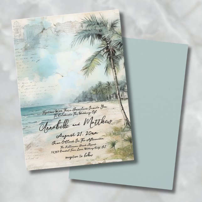 Convites Aquarela Vintage no Casamento na Praia (Vintage Rustic Elegant Tropical Beach Wedding Invitation)