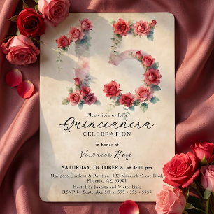 Convites Aquarela Vintage Rosa Vermelha Quinceañera