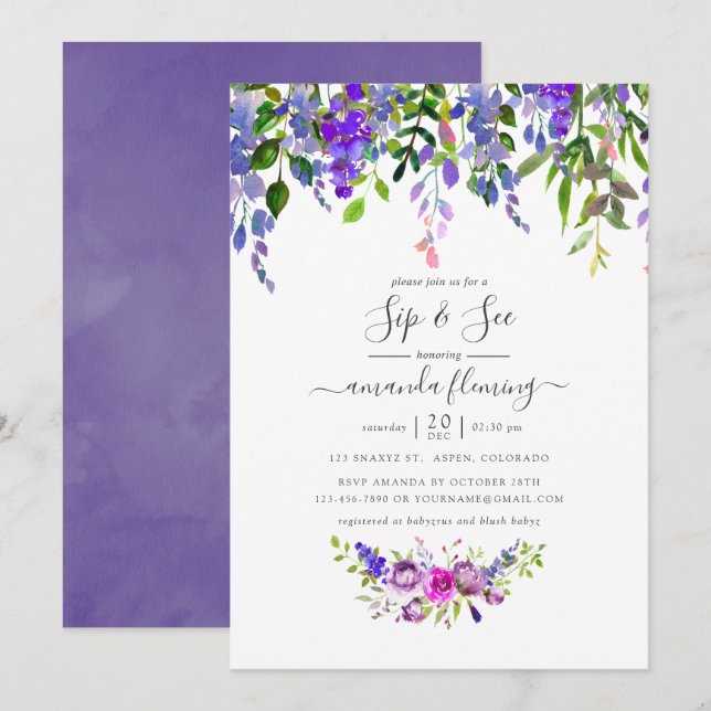 Convites Aquarela Violeta Floral Beber e Ver (Frente/Verso)