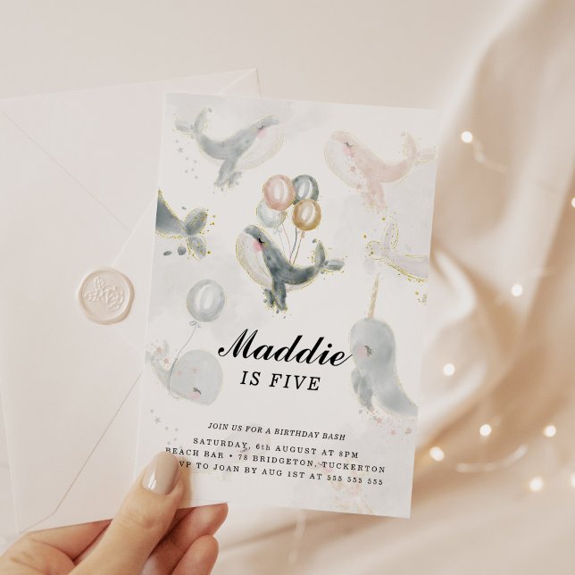 Convites Aquarela Whimsical Sob O Aniversário Da Baleia Mar (Criador carregado)