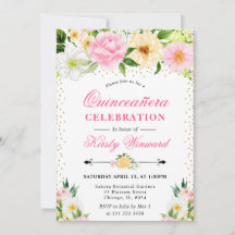 Aquarelas Amarelas e Flores Rosa Quinceanera